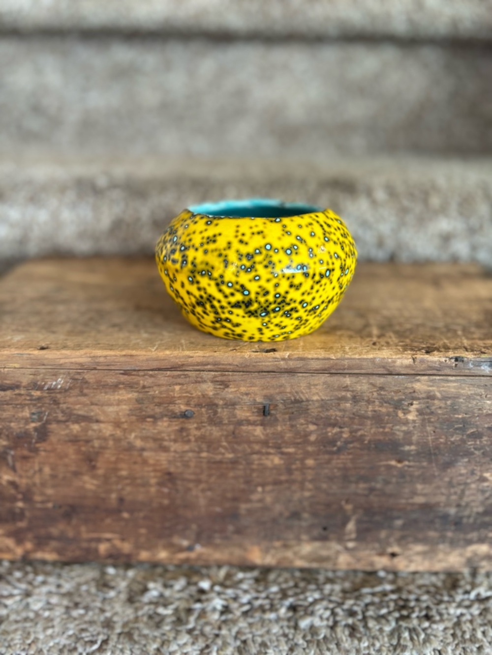Handmade Yellow Speckled Ceramic Bowl with Turquoise Interior